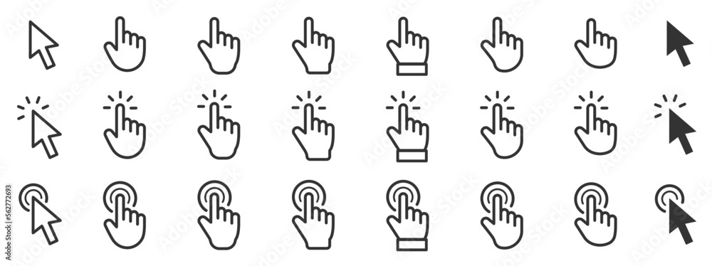 Poster pointer cursor сomputer mouse icon. clicking cursor, pointing hand clicks icons. click cursor - stoc