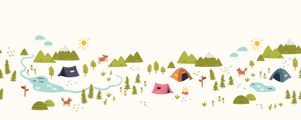 Cute hand drawn vector seamless pattern with camping doodles, tents, landscape and trails, great for textiles, banners, wallpapers