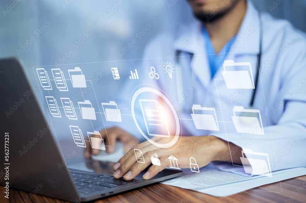 Aufkleber documents concept, doctor use computer connection server data base patient for technology treatment 