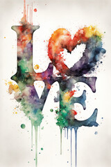 colorful and abstract watercolor image of the word Love, generative ai