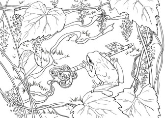 Linear drawing of a frog in nature. High quality illustration