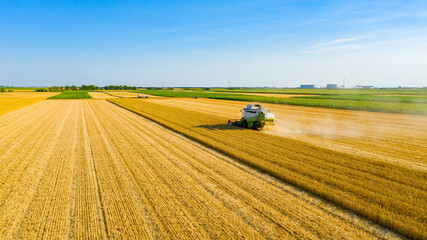 Above view on combine, harvester machine, harvest ripe cereal