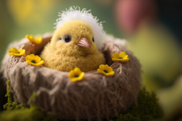 cute embroidered baby chciken in an easter nest, generative ai
