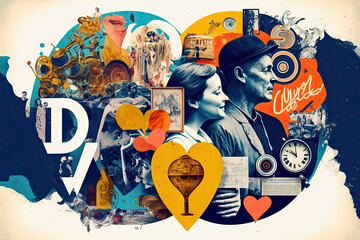 Generative illustration AI de un poster o colage colorido en estilo vintage y moderno con gente y caracteres diversos representando las relaciones entre las personas . Artwork y ilustracion 