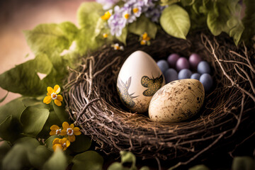 colorful easter nest with easter eggs, generative ai - obrazy, fototapety, plakaty