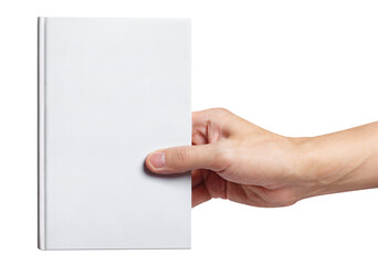 Hand holding a blank white hard cover book cut out
