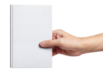 Hand holding a blank white hard cover book cut out