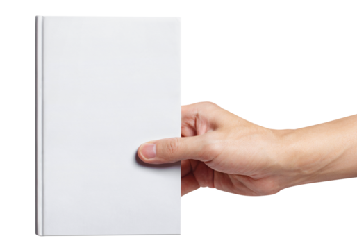 Hand holding a blank white hard cover book cut out