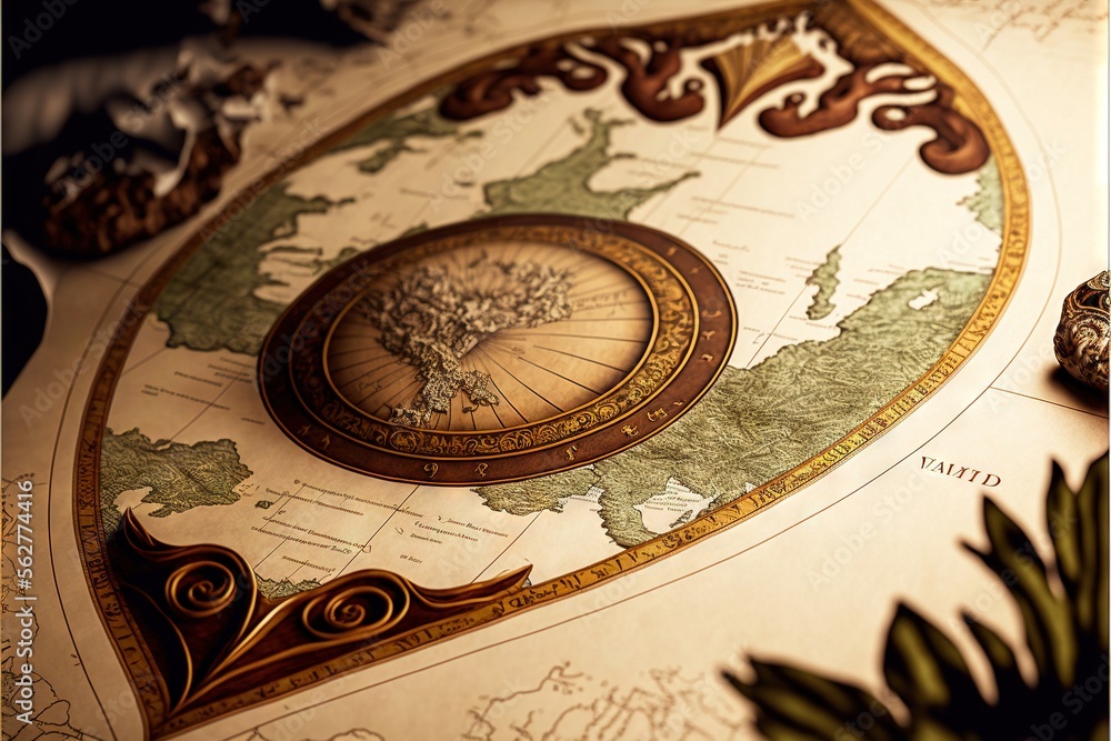 Poster a map with a compass on it and a plant in the foreground of the picture and a pine cone on the far s