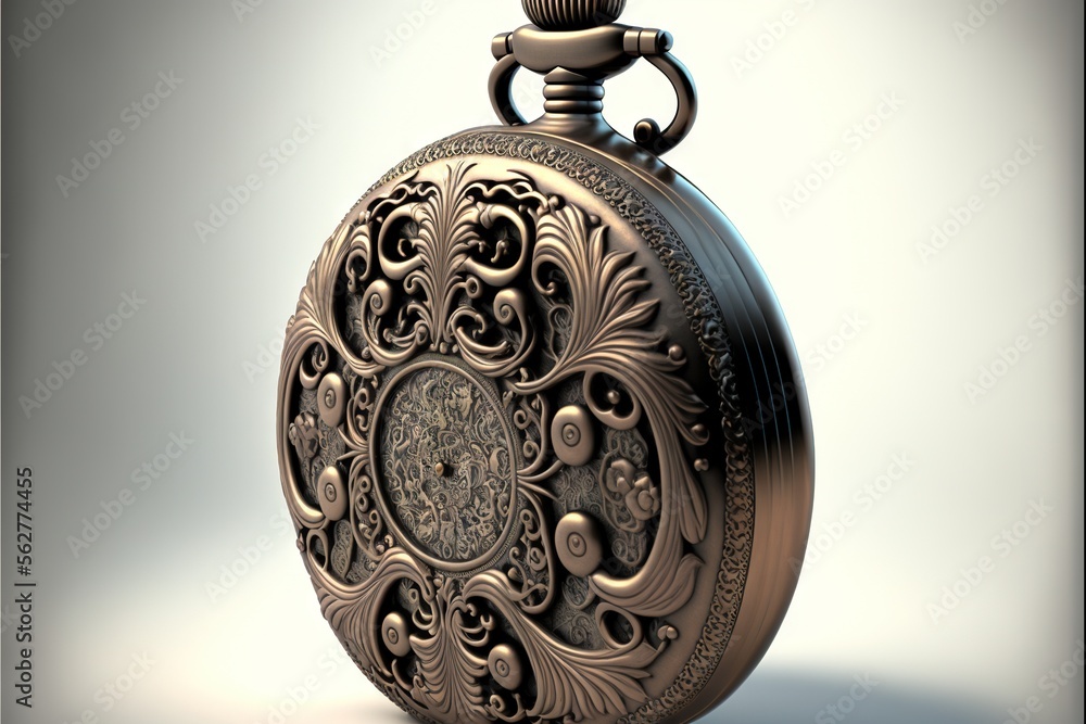 Poster a close up of a pocket watch with a white background behind it and a shadow of a clock on the wall b