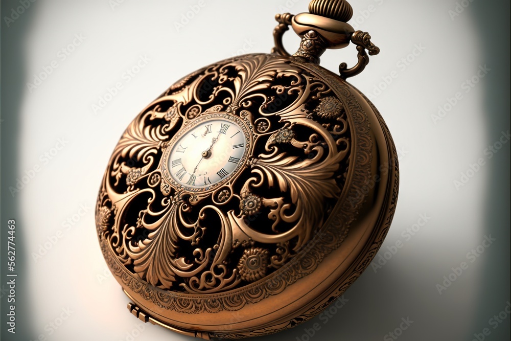 Poster a gold pocket watch with a fancy design on the face of it's face and hands, with a white background 
