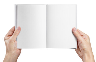 Hands holding an open book with blank pages cut out