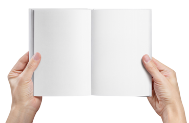 Hands holding an open book with blank pages cut out