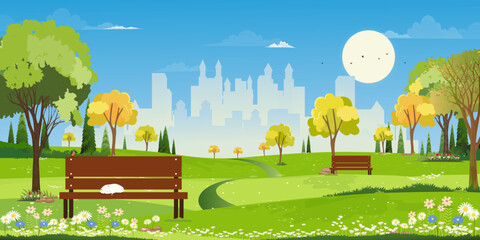 Fototapeta premium Spring landscape at City park,Natural public park with flowers blooming in the garden,Vector Horizon scene of green fields and Cityscape building with blue sky in sunny day Summer at urban Park