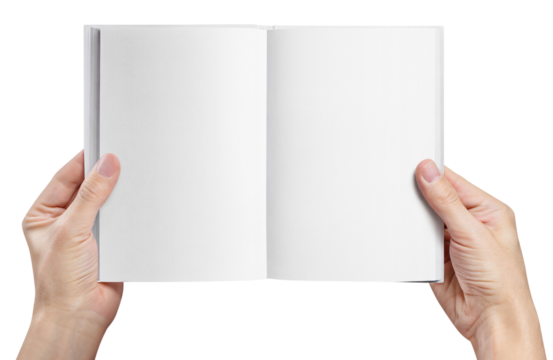 Hands holding an open book with blank pages cut out