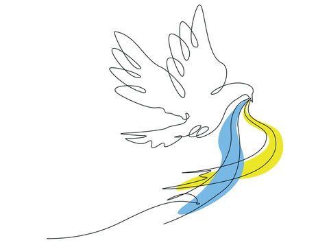 Conceptual image flying dove with ribbon in its beak. Ukrainian flag colors design. Continuous one line minimalistic art technique