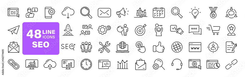 Leinwandbilder seo optimisation set of web icons in line style. search engine optimization. business, traffic, opti