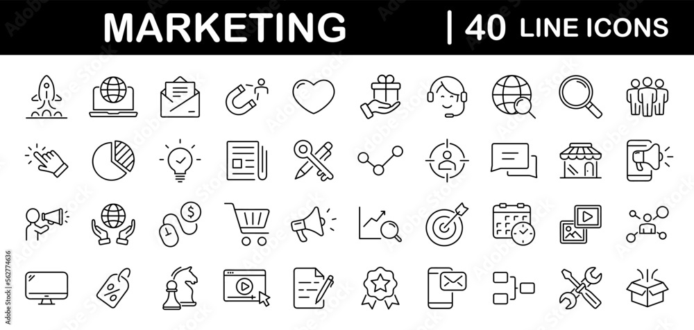 Poster Digital Marketing set of web icons in line style. Marketing icons for web and mobile app. Sales, e-commerce, SEO, business, feedback, analytics, ads, communication, content. Vector illustration