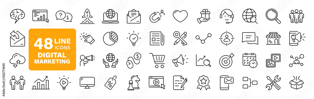 Poster Digital Marketing set of web icons in line style. Marketing icons for web and mobile app. Sales, e-commerce, SEO, business, feedback, analytics, ads, communication, content. Vector illustration