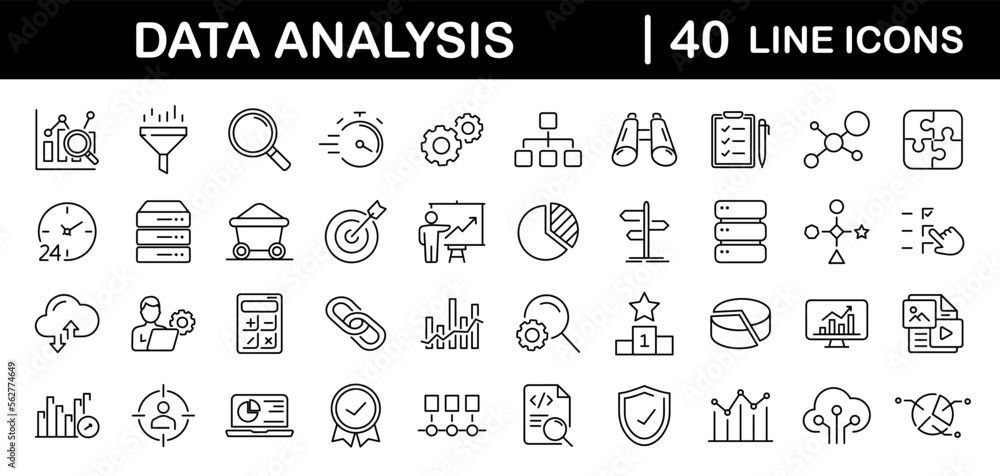 Fototapete Data analysis set of web icons in line style. Data analytics icons for web and mobile app. Graphs, traffic analysis, data processing, research network collection, statistics, analytics, performance.