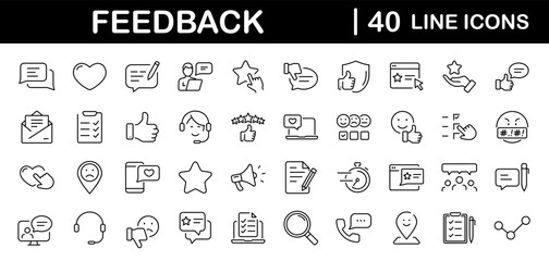 Feedback set of web icons in line style. Feedback and Review icons for web and mobile app. Customer relationship management. Star rating, satisfaction, emotion, testimonials, quick response, chat.