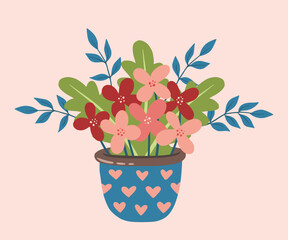 Flat vase with flowers. Bright summer blooming flowers in vases cartoon vector illustration. Design element for greeting card, invitation, print, sticker. Illustration for valentine's and birthday.