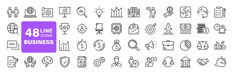 Business and finance set of web icons in line style. Finance and business. Money, business process, bank, team work, office, payment, strategy, management, accounting, infographic. Vector illustration