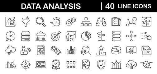 Data analysis set of web icons in line style. Data analytics icons for web and mobile app. Graphs, traffic analysis, data processing, research network collection, statistics, analytics, performance.