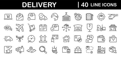 Fototapeta na wymiar Delivery and logistics set of web icons in line style. Shipping and logistics icons for web and mobile app. Express delivery, courier, package protection, business, tracking, return, customer service