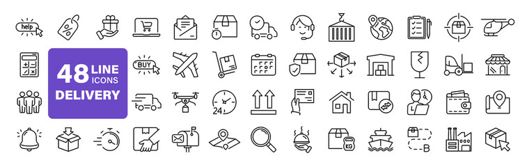 Delivery and logistics set of web icons in line style. Shipping and logistics icons for web and mobile app. Express delivery, courier, package protection, business, tracking, return, customer service