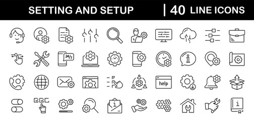 Settings and setup set of web icons in line style. Setup icons for web and mobile app. Settings, installation, maintenance, update, download, configuration, options, control. Vector illustration