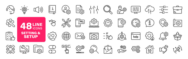 Settings and setup set of web icons in line style. Setup icons for web and mobile app. Settings, installation, maintenance, update, download, configuration, options, control. Vector illustration