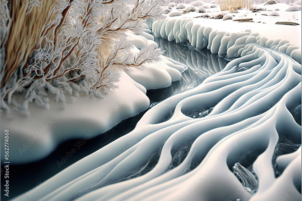 Aufkleber a painting of a stream in a snowy landscape with trees and bushes in the background and a snow cover