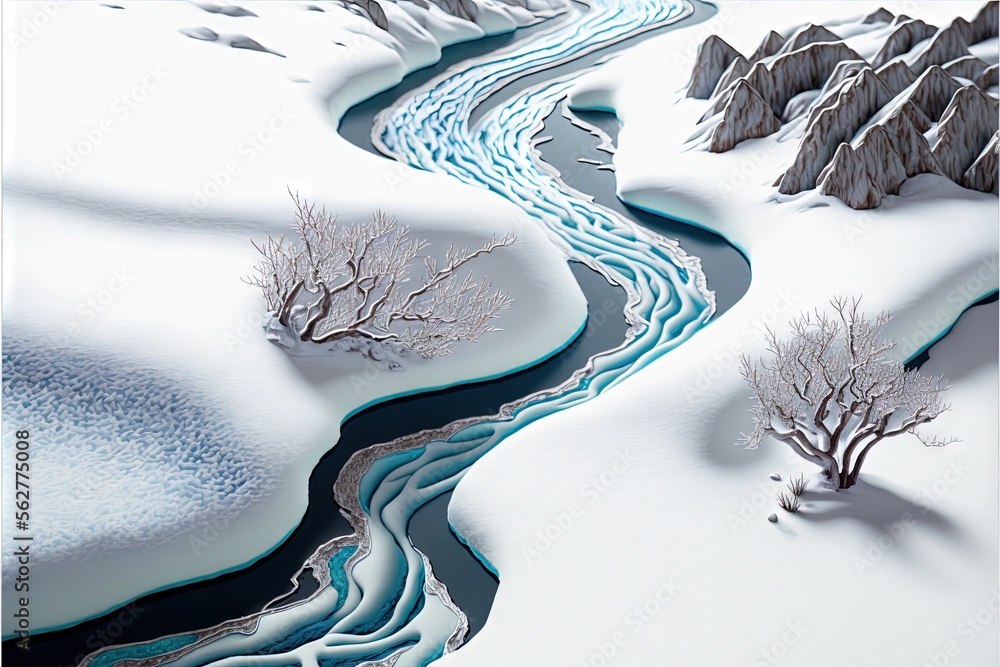 Poster a river running through a snow covered landscape with trees and rocks in the background and a few sn