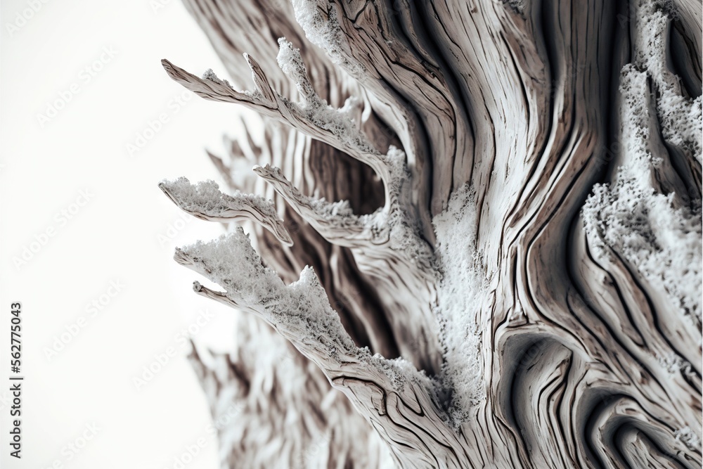 Poster a close up of a tree trunk with snow on it's branches and a sky background behind it, with a white s