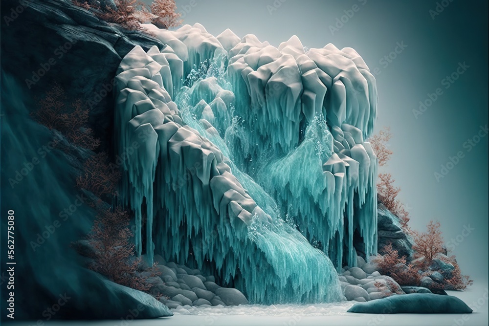 Poster a frozen waterfall with ice and snow on it's sides and a blue sky background with a few clouds and t