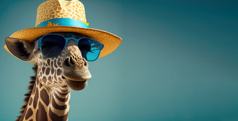 Lustige Giraffe mit Sonnenbrille und Hut - Generative AI - 562775052
