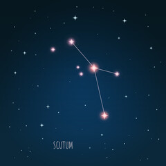 Obraz na płótnie Canvas Constellation scheme in starry sky. Open space. Vector illustration Scutum constellation through a telescope