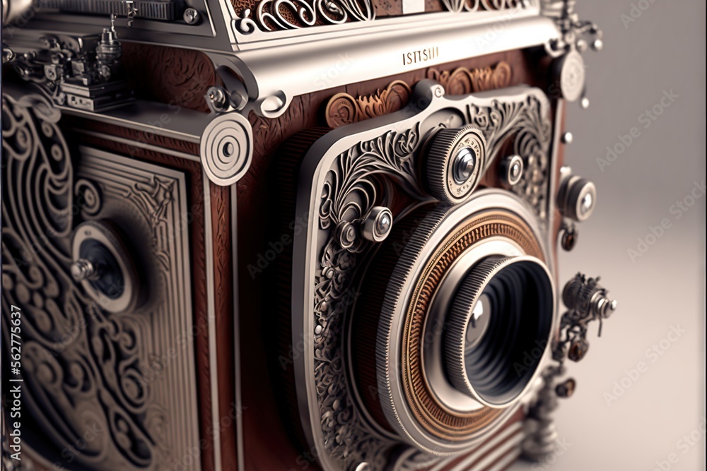 Poster a camera with a metal frame and a lens on it's side, with a silver background and a black background