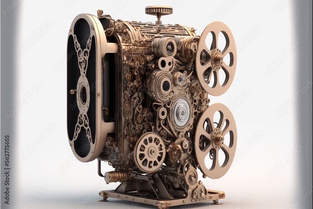 Poster a very old looking machine with gears on it's side and wheels on the front of it's body, with a whit