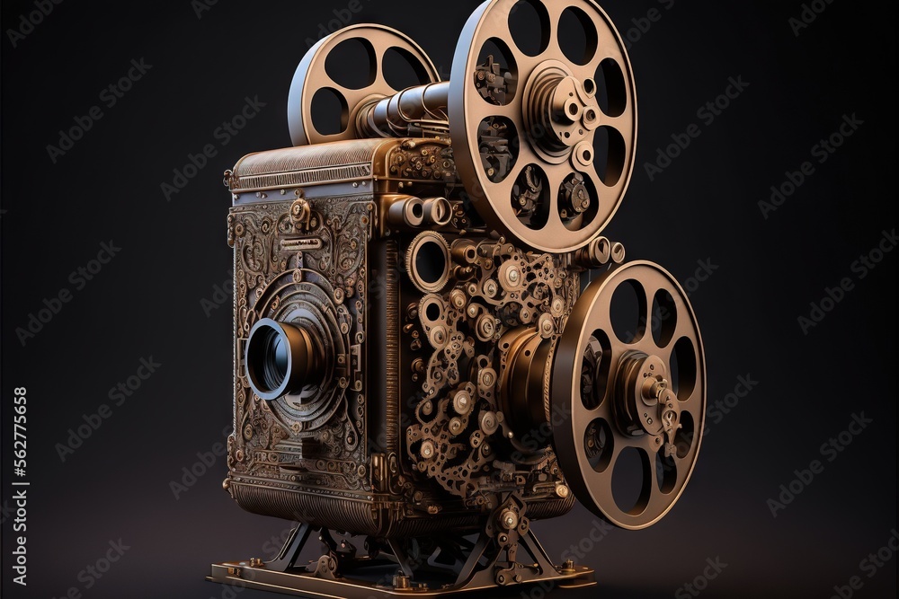 Poster a very old looking camera with a big lens on it's side and a black background behind it, with a blac