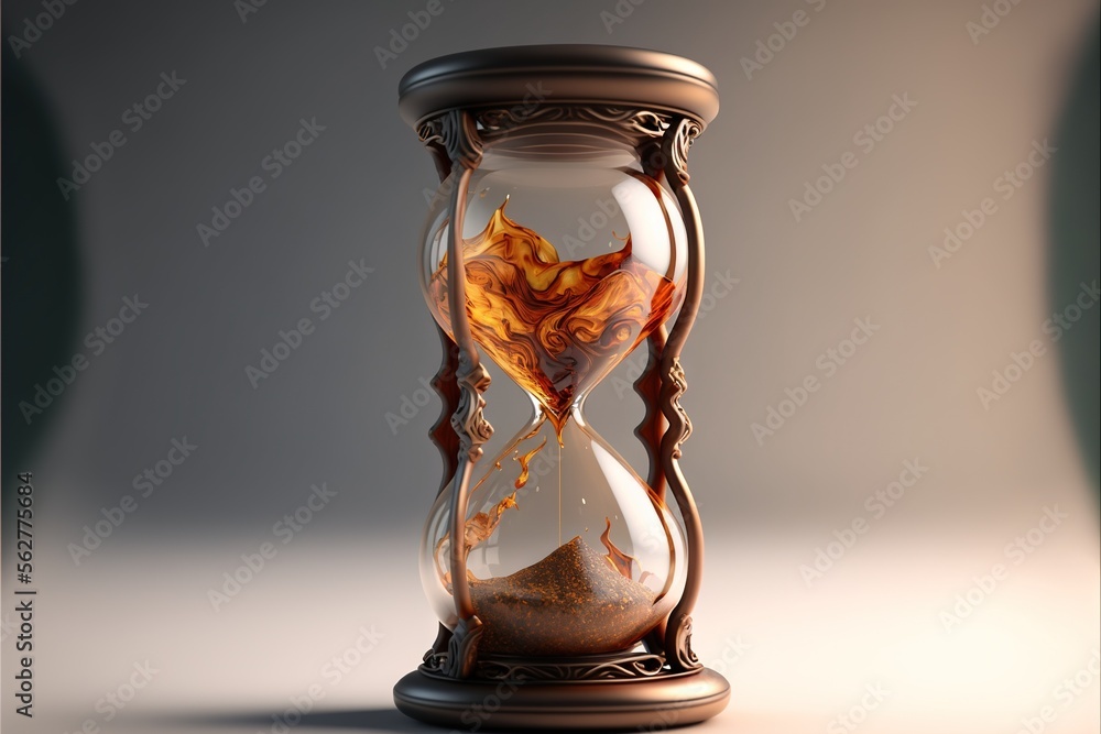 Poster a sandglass with a red and yellow liquid inside of it on a table top with a gray background and a sh