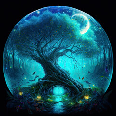 A Big Blue Sphere Enclosing a Beautiful Tree Of Life And A Magical Door At Its Roots. Generative AI Illustration
