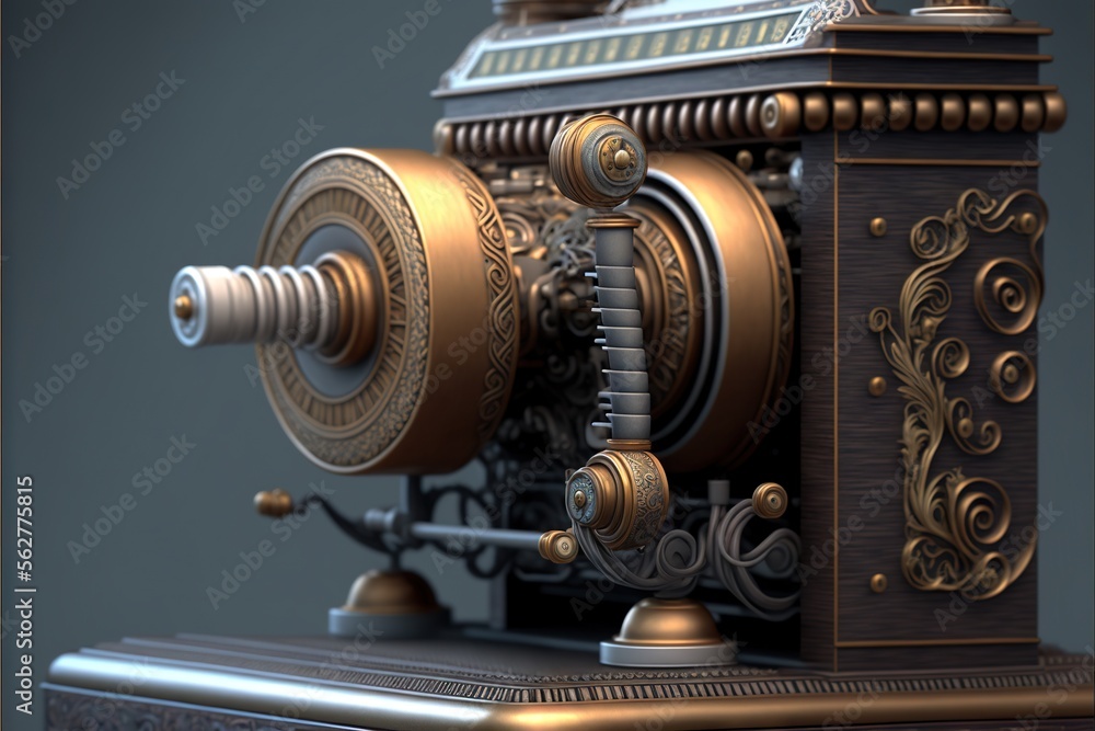 Poster a very old fashioned clock with a pendulum wheel on it's side and a clock on top of it's stand, with