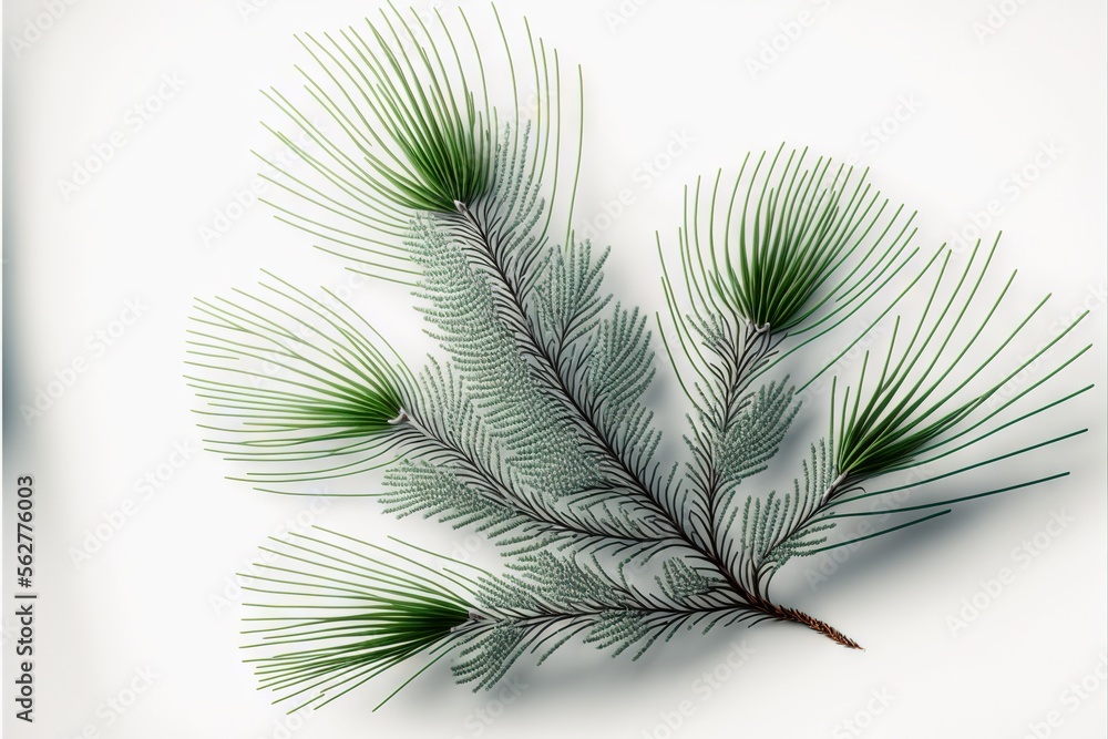 Poster a branch of a pine tree with needles on a white background with a shadow of the branch and the green
