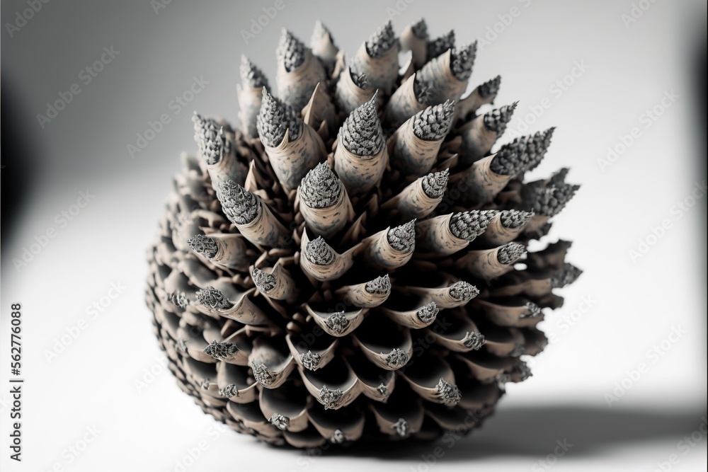 Poster a close up of a pine cone on a white surface with a shadow of the cone on the ground behind it and a
