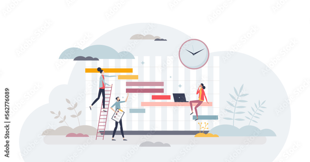 Poster gantt chart as project schedule for time management tiny person concept, transparent background. tim