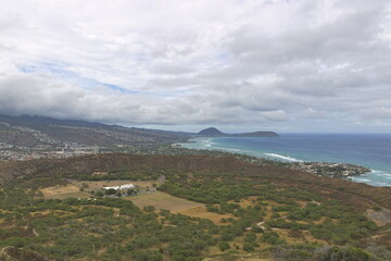 View of the Diamond Head crater and the south shore of Oahu, Hawaii