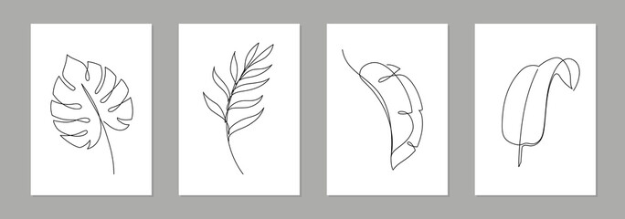 One line art tropical floral leaf poster set. Single continuous line monstera, fern, palm leaf minimal design background. Botanical abstract art for print, wallpaper. Vector illustration