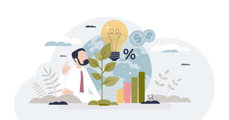 ESG or environmental social governance finance investing tiny person concept, transparent background. Business eco principles with sustainable.
